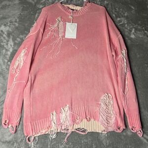 ELFRIC EDEN Pink Distressed Knit Sweater Oversized Shredded Boho Size Large